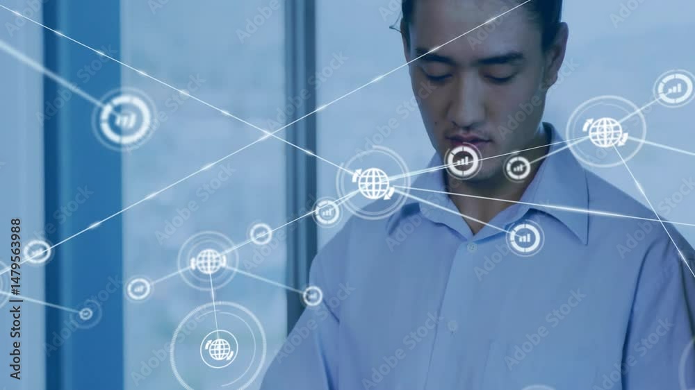 Poster man analyzing technology network data in modern office, with floating globe icons and chart nodes