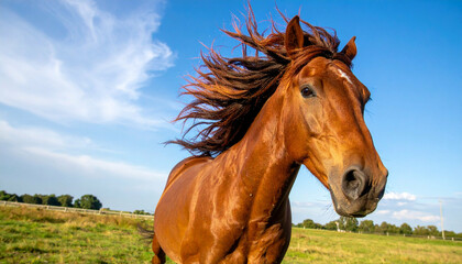 Obraz premium Chestnut horse, flowing mane, against blue sky and green field, evokes freedom and natural beauty