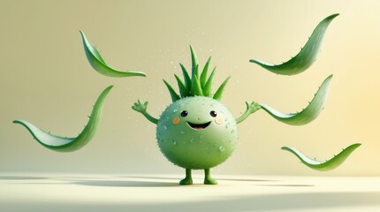 Fototapeta premium Happy aloe vera character surrounded by floating leaves for healthy lifestyle concepts. 
