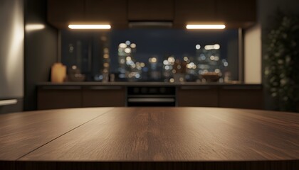 Modern kitchen interior with city view,  table top focus.