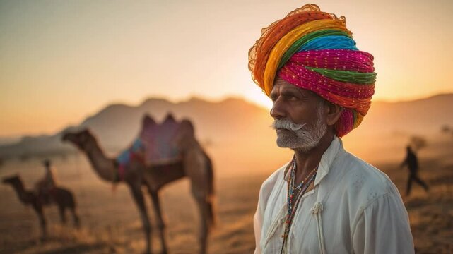 Rajasthani man with camel in desert: A portrait of a dignified Rajasthani man wearing a vibrant turban, observing the tranquil desert landscape at sunset with a camel.
