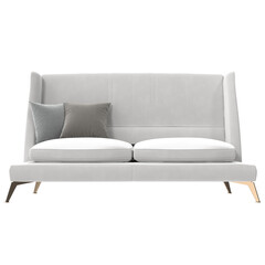 White high-back sofa with mixed pillows front view isolated..