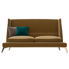 Brown high-back sofa with teal and grey pillows front view isolated..