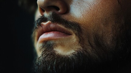 Close-up photo of a man's face with a wet beard and mustache, shown in an introspective mood, gazing away from the camera against a black background.