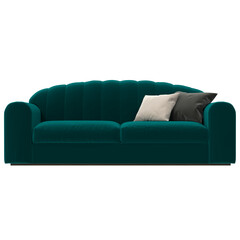 Teal channeled-back sofa with black and white pillows front view isolated..