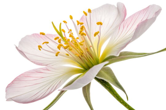 A beautiful white lotus flower, a member of the water lily family, blossoms in its isolated, watery garden, showcasing its pristine petals