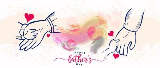 Happy father's day artistic two hand-drawn illustration of father and child holding hands with colorful watercolor splash and hearts. Perfect for greeting cards, social media posts, and celebrations