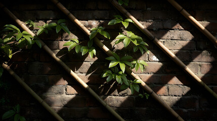 Bamboo Trellis and Ivy Intertwined Garden Design Elements Natural Climbing Plant Illustration Tranquil Outdoor Scene Botanical Wall Art Greenery and Shadow Play
