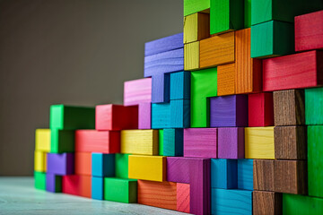 Colorful Wooden Blocks Arranged in Geometric Mosaic Pattern with Vibrant Shades