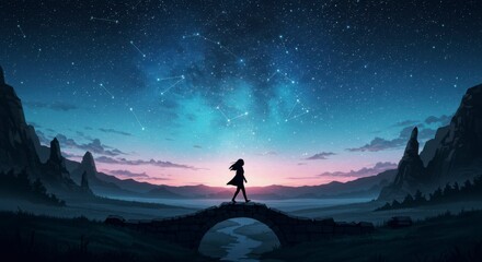 Fototapeta premium A girl strolls across a stone bridge at dawn, under a starlit sky