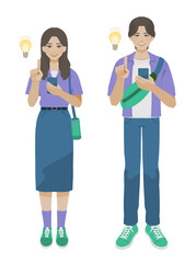 スマホを持ってひらめく女性と男性のイラスト