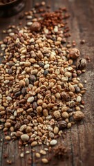 Variety of nuts and seeds on rustic wooden table