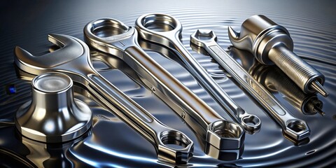 Sleek metallic tools arranged on a reflective surface, showcasing their polished finish and intricate details.