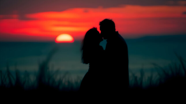 Dreamy Sunset Couple Silhouette - Cinematic Long Exposure with Bokeh and Motion Trails - Romantic Backdrop for Film, Marketing, and Social Media