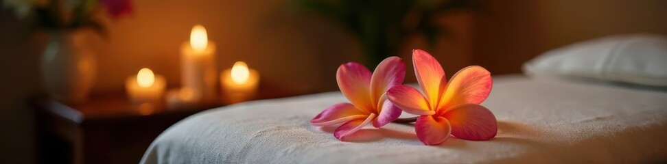 Fototapeta premium Scented candles & plumeria on massage table Luxurious Thai spa ambiance , calm, Thai spa