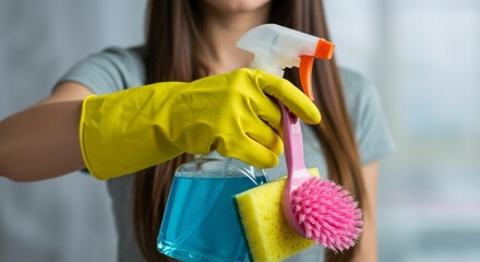 Woman holding cleaning spray bottle, sponge, and brush