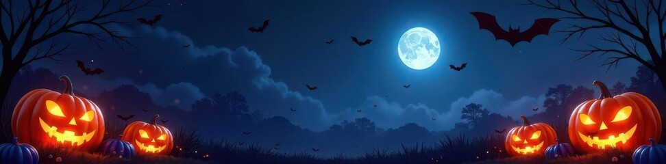 Naklejka premium Vector Halloween background; bats, pumpkins, & spiderwebs Happy Halloween banner design , top view, mockup, illustration