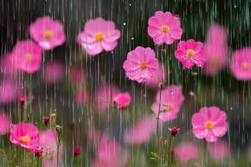 Obraz premium Pink Cosmos Flowers Blooming in the Rain Close Up View Garden Freshness Springtime Beauty Nature