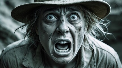 Person expressing strong emotion outdoors during an intense moment in nature