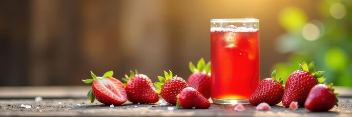 Refreshing strawberry kombucha, bottle & glass, fizz, still life, vibrant