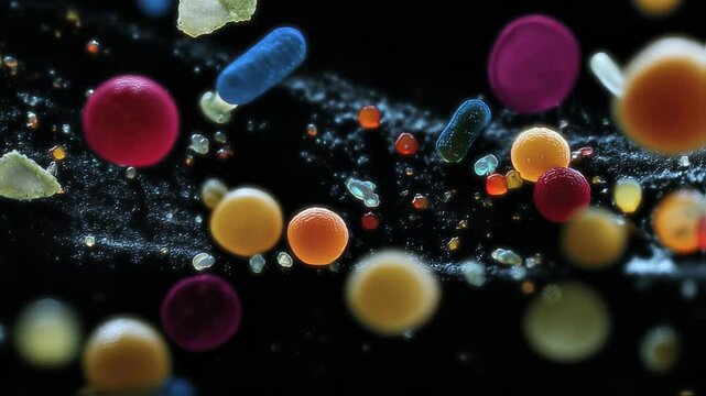 Multiple colorful pills and capsules of different shapes and sizes are falling onto a dark, textured surface, creating a visually engaging scene related to pharmaceuticals, medicine, and healthcare