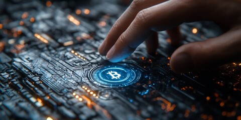 Fototapeta premium Futuristic interface with glowing bitcoin symbol