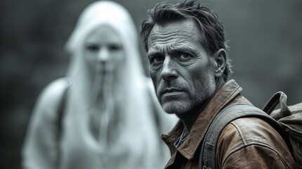 Fototapeta premium Man with backpack faces mysterious figure in a dense forest during twilight hours