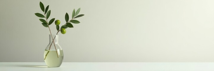 Elegant olive sprig in clear vase, light background, branch, decor, design