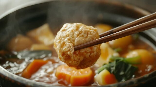 A suppon stew from the Japanese show, with one piece of Collagen-rich body of suppon and vegetables being pulled up in the style of chopsticks, Generative AI Videos.