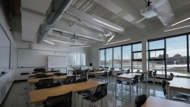 Natural light illuminates an empty classroom equipped with tables, chairs, a whiteboard, and a projector, offering a view of a serene winter landscape through large windows