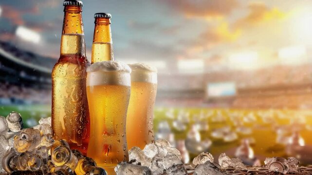 An Ice-Cold Beers in a Stadium Setting for Promotional Design, Generative AI Videos.