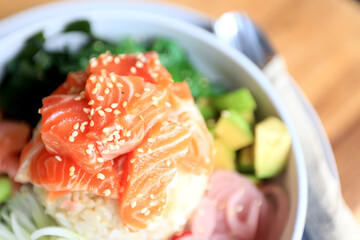 breakfast in the restaurant, table setting with fresh salad with fish, a delicate background of food on a plate