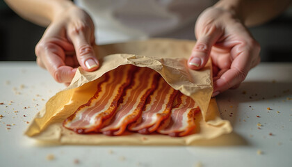 Close-up of hands wrapping slices of bacon in butcher paper

