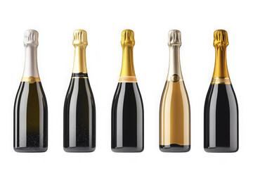 Five champagne bottles with silver and gold foils, sparkling wine ready for celebration, isolated on transparent background