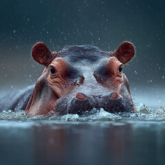Fototapeta premium Hippopotamus Head Above Surface During Rainfall Closeup. Hippo in Water