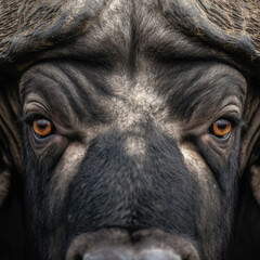 Close-Up of African Buffalo Eyes with Detailed Textured Fur. African Buffalo