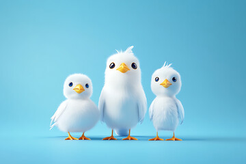 Fototapeta premium Three cute cartoon birds standing together against a light blue background, showcasing their fluffy feathers and vibrant expressions