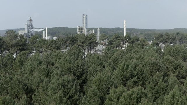 DRT biomass cogeneration surrounding forest, sustainable land use and green chemistry. Vielle-Saint-Girons, France. Aerial forward