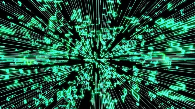 Abstract Data Flow with Green Rays and Binary Code, Rhythmic Movement and Digital Network Animation on Dark Background
