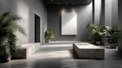 Fototapeta premium 3D rendered gallery with concrete walls, a white billboard, and indoor plants. Interior for exhibitions and visual presentations. 