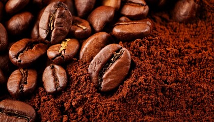 Primer plano de granos y posos de caf&eacute; tostados