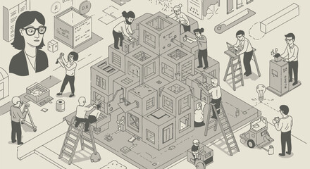 Illustration of Illustration of teamwork building a complex structure (business metaphor)