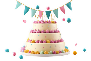 Three tier birthday cake with candles, bunting, and colorful spheres decorations, celebration isolated on transparent background