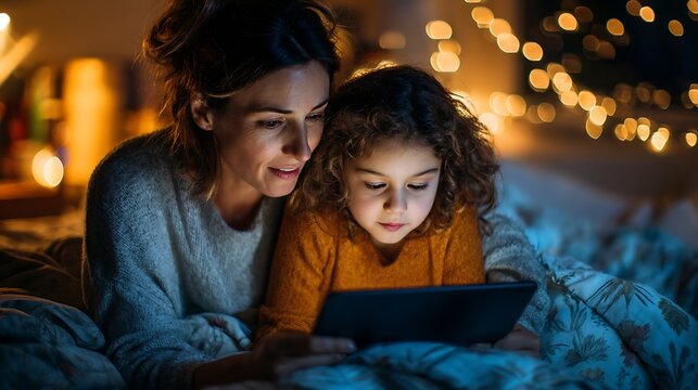Mother helping her daughter study through an educational app on a tablet, cozy family learning moment - Powered by Adobe