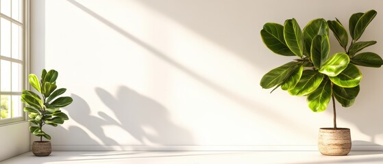 Minimalist indoor scene with potted green houseplants decorated skylight sunlight casting shadows on a white wall