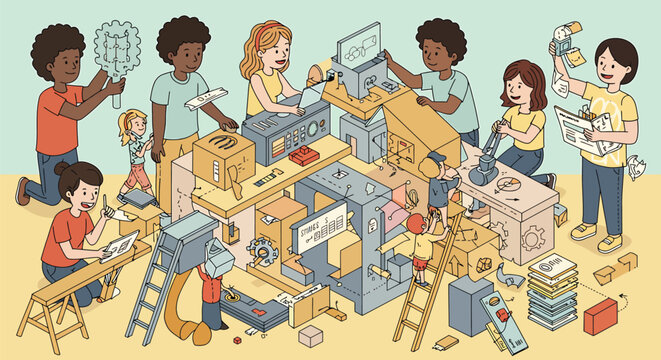 Illustration of Illustration of teamwork building a complex structure (business metaphor)