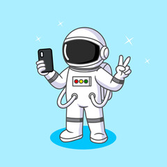 Cute Astronaut taking a selfie in space with a peace sign Vector Illustration Cartoon Design