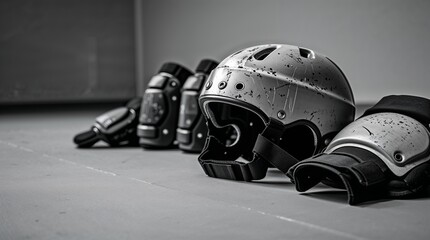 Fototapeta premium Protective gear laid out in a training room for a skateboarding session in the early evening