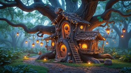 Obraz premium Enchanted treehouse in a mystical forest illuminated by lanterns during twilight