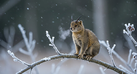 Obraz premium Majestic horned jerboa winter wonderland breathtaking snowy scene adorable creature frosty branches serene beauty